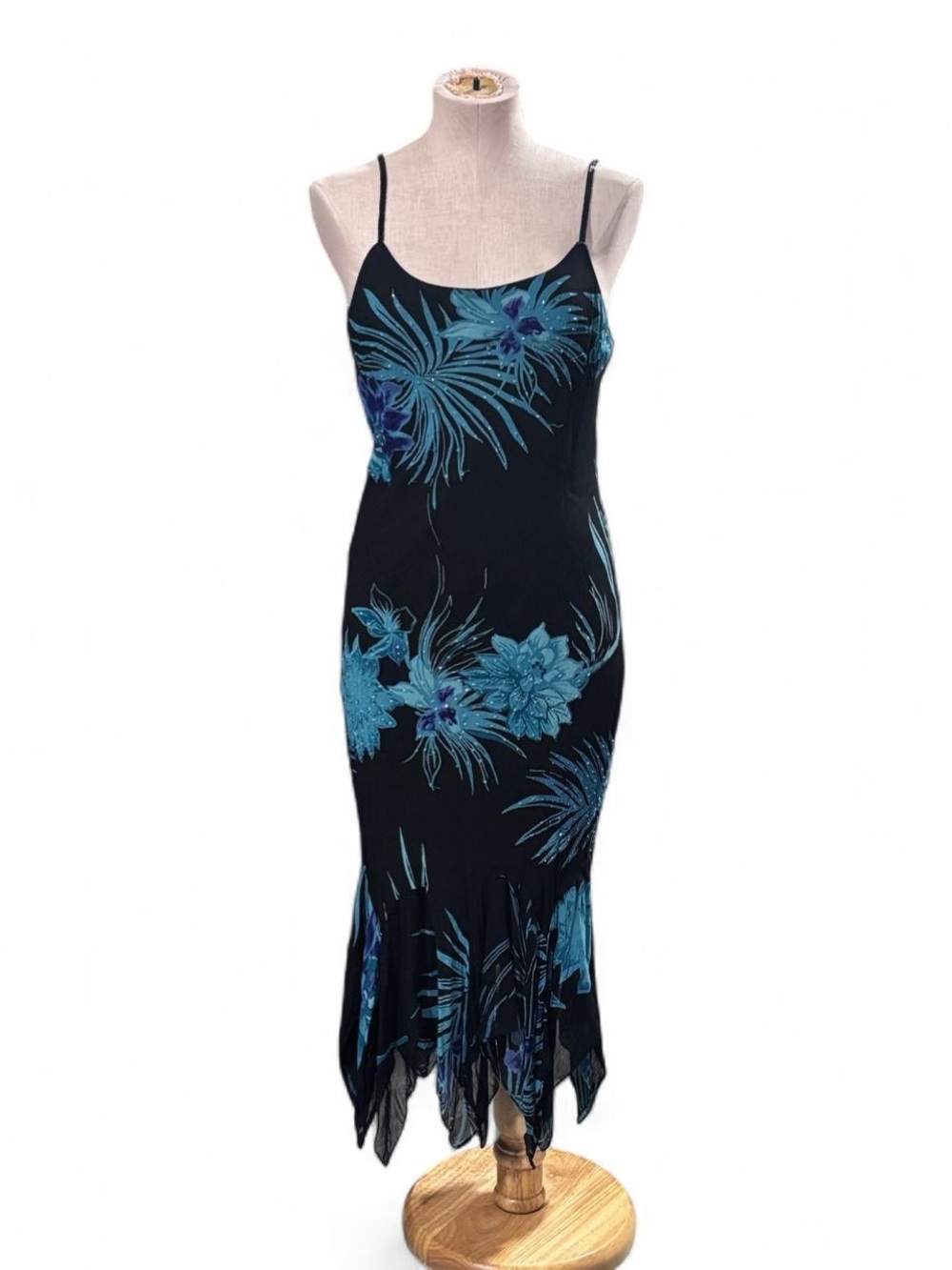 y2k fairy beaded floral black and teal midi dress